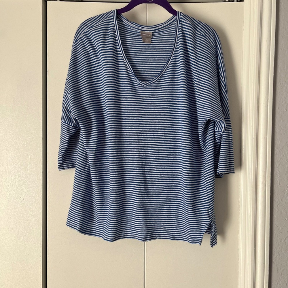 Chico's Women's Blue‎ Striped V-Neck 3/4 Sleeve Tunic Top Blouse Size 2